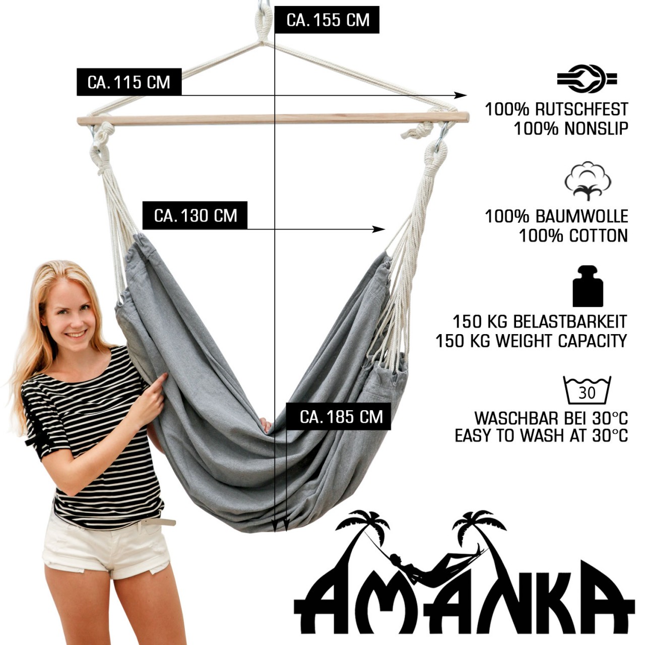 AMANKA 185 x 130 veiligheids hangstoel - Grey