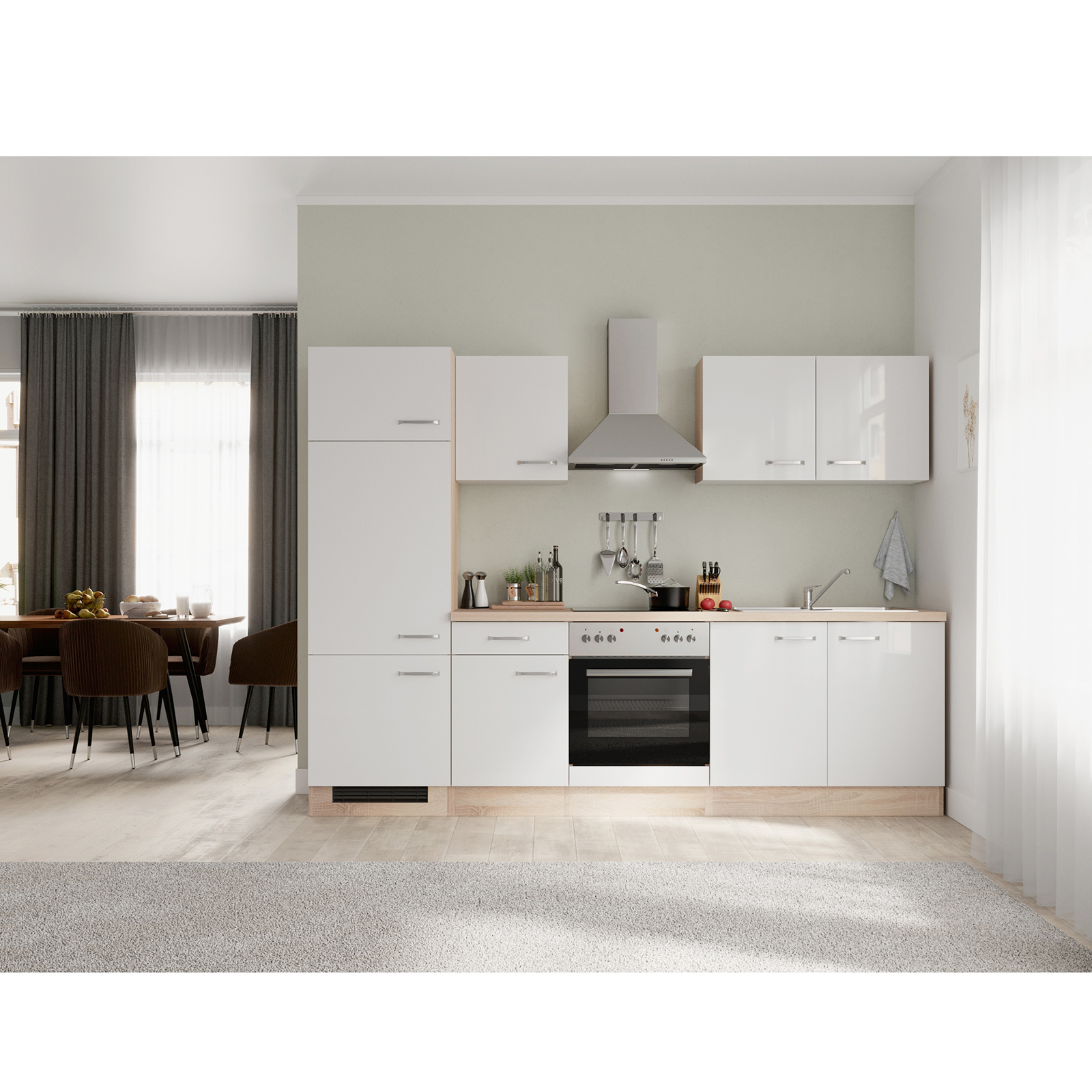 Küchenblock VALERO - weiß Hochglanz - Sonoma Eiche - mit E-Geräten- 270 cm