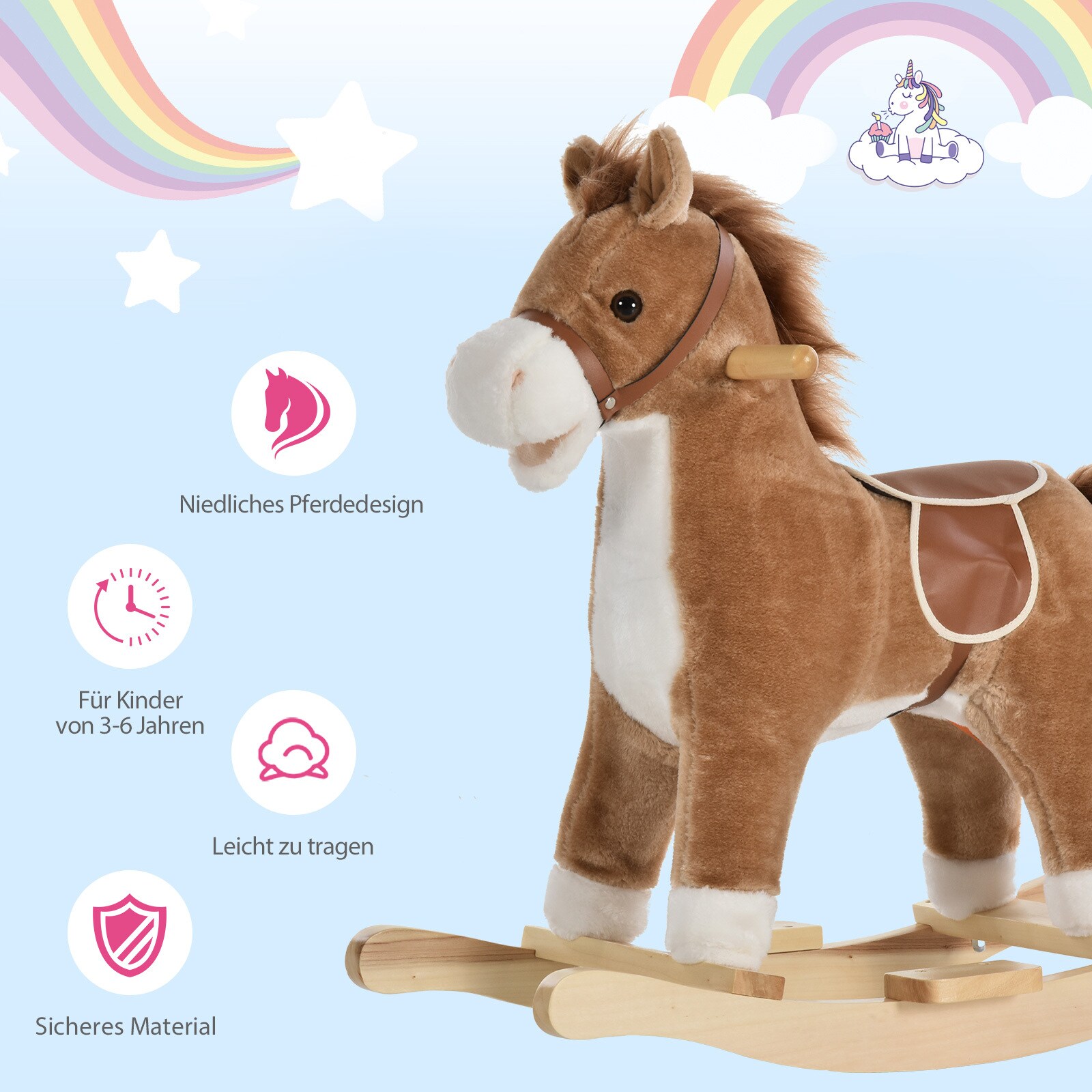 HOMCOM Kinder Schaukelpferd mit Tiergeräusche 65 x 32,5 x 61 cm (LxBxH)