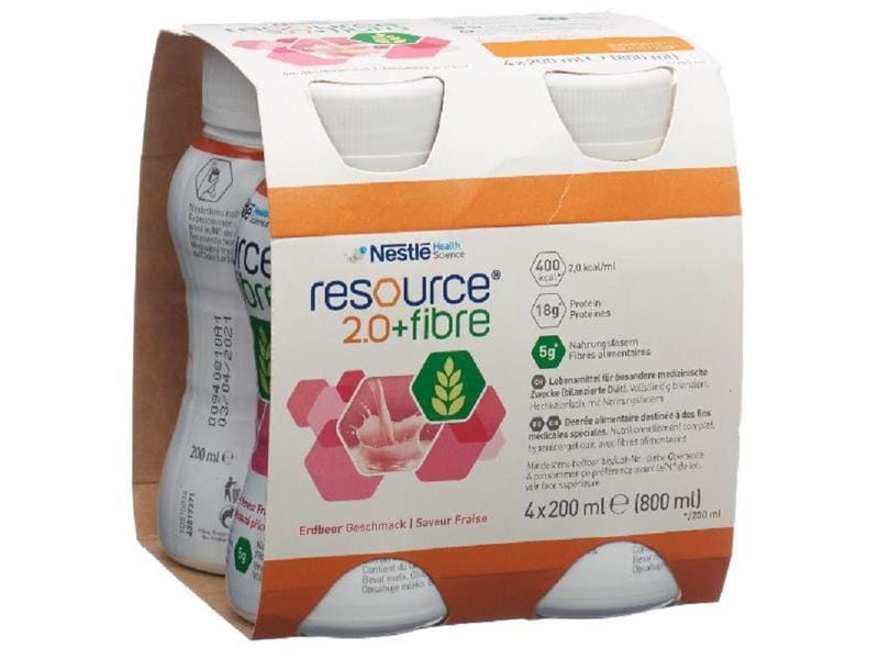Resource 2.0 Fibre Erdbeer 4 x 200 ml Hochkalorische Trinknahrung für besondere medizinische Zwecke