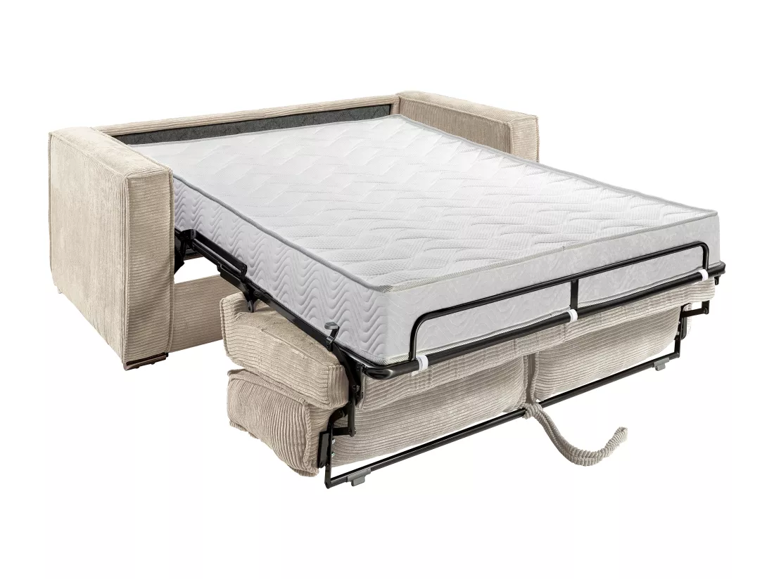 Canapé 3 places convertible express en velours côtelé beige - Couchage à lattes larges 140 cm - Matelas 18 cm LORETO