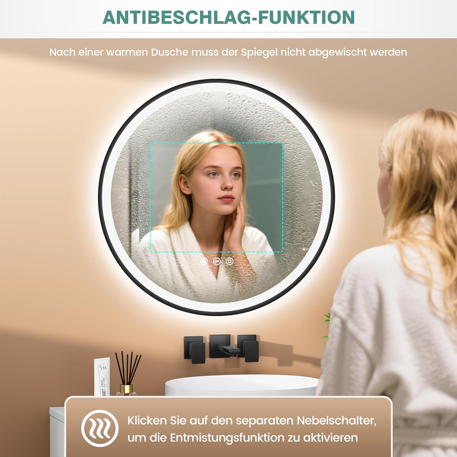 80cm Badezimmerspiegel mit Beleuchtung – Spiegel Schwarzer Rahmen, Antibeschlag, Dimmbar, 3 Lichtfarben, LED Badspiegel mit Touch-Schalter, Speicherfunktion & Energiesparend, Schwarz