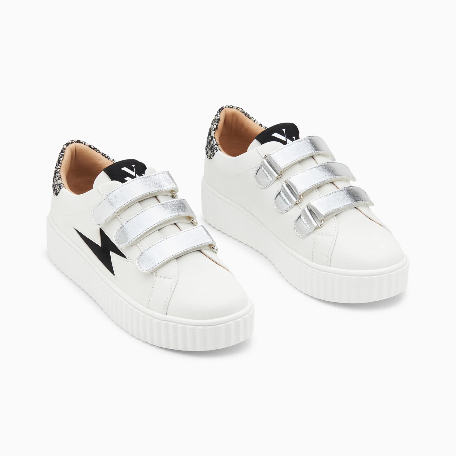 Sneakers-Baskets éclair Pomeline blanc et noir à scratchs argent