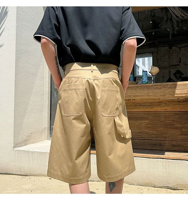 Omozando - Mid Rise Plain Capri Wide Leg Cargo Pants