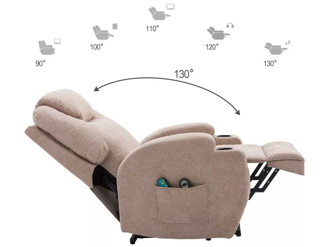Fauteuil relax électrique avec fonctions de chauffage et de vibration - 2 porte-gobelets et poches latéralles - Gris clair