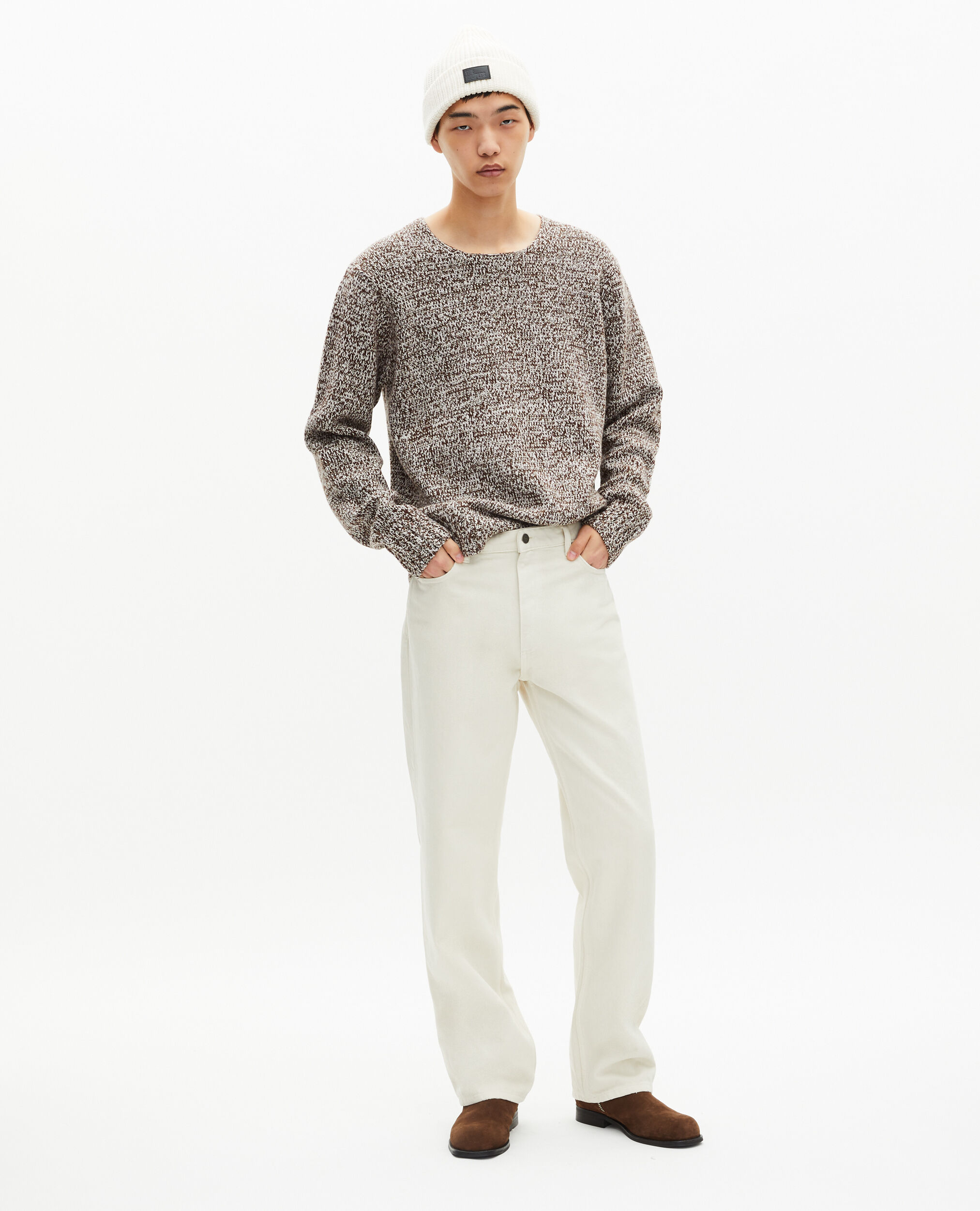Pull mouliné beige et blanc