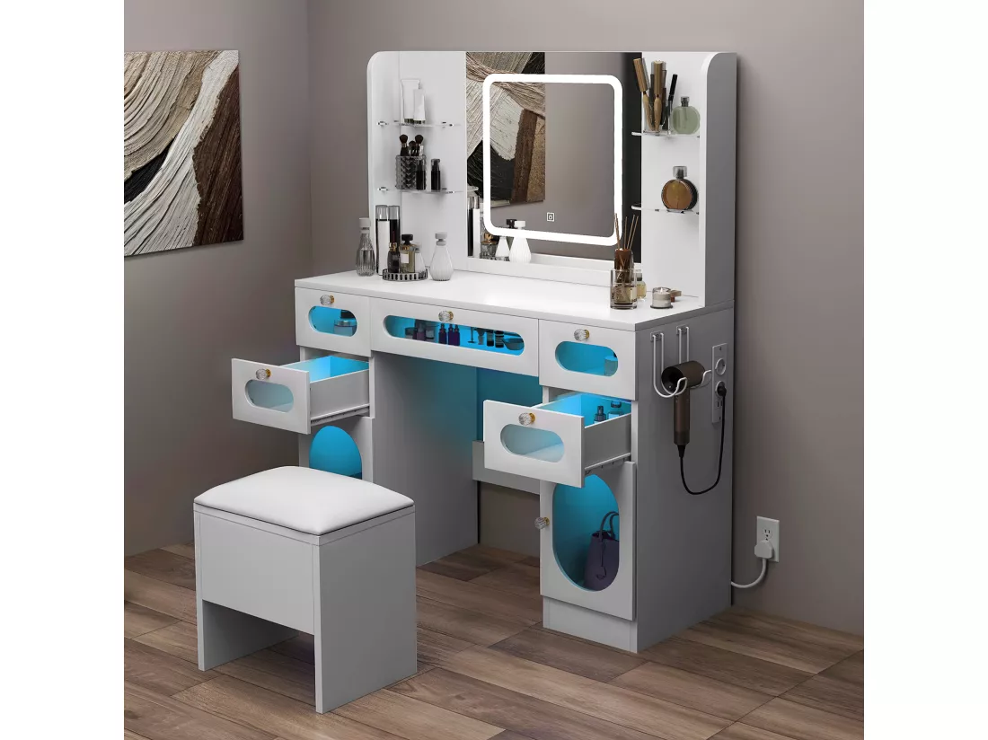 YITAHOME Coiffeuse avec éclairage - Miroir et Prises - avec Tabouret - Blanche - Table de Maquillage