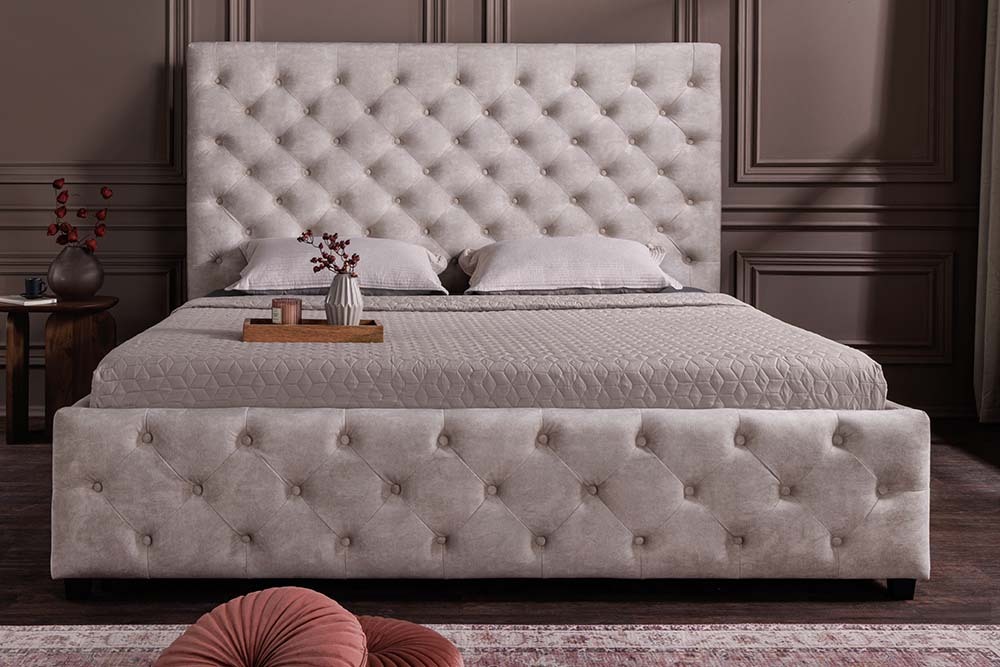 Design Boxbett PARIS 180x200cm champagner beige Samt mit Stauraum und Lattenrost