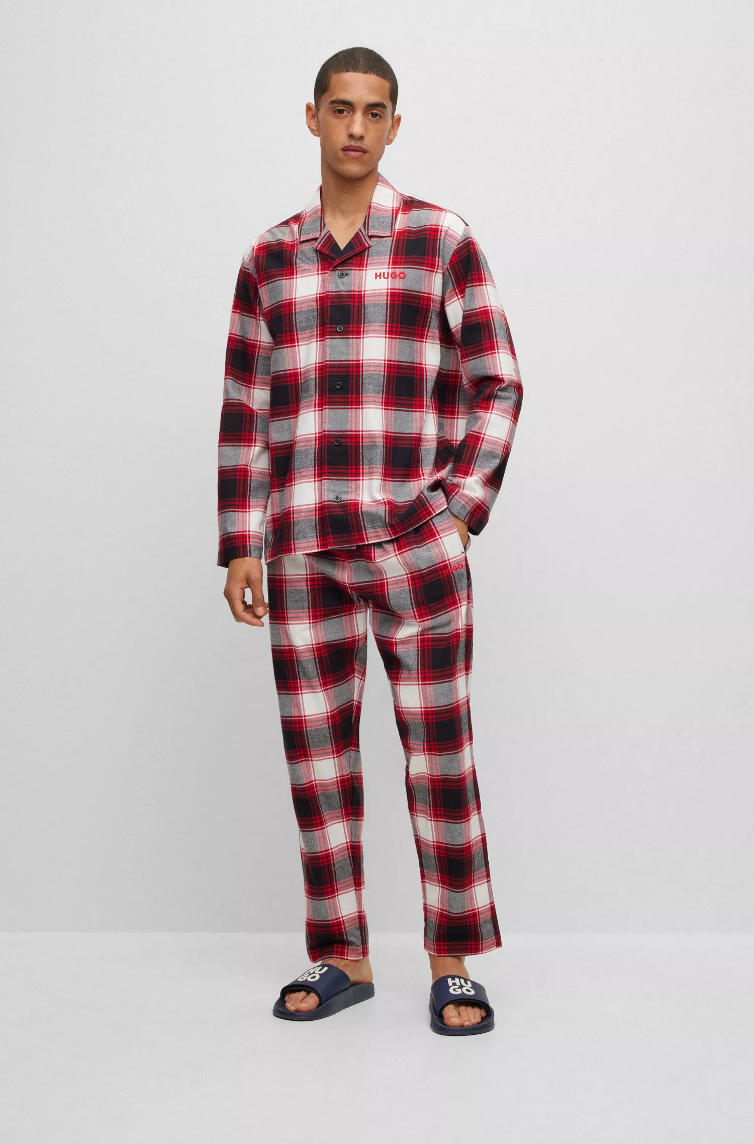 Pijama HUGO vermelho em flanela de algodão com estampa xadrez e logotipo da marca - Conjunto para presente