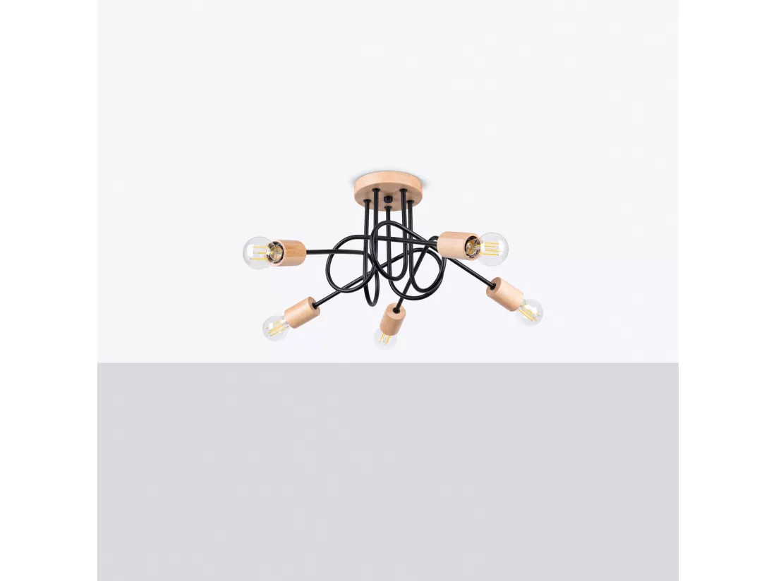 Lustre Ember minimaliste en acier/bois - 5 sources lumineuses - L.15 x H.26 cm - noir/bois naturel