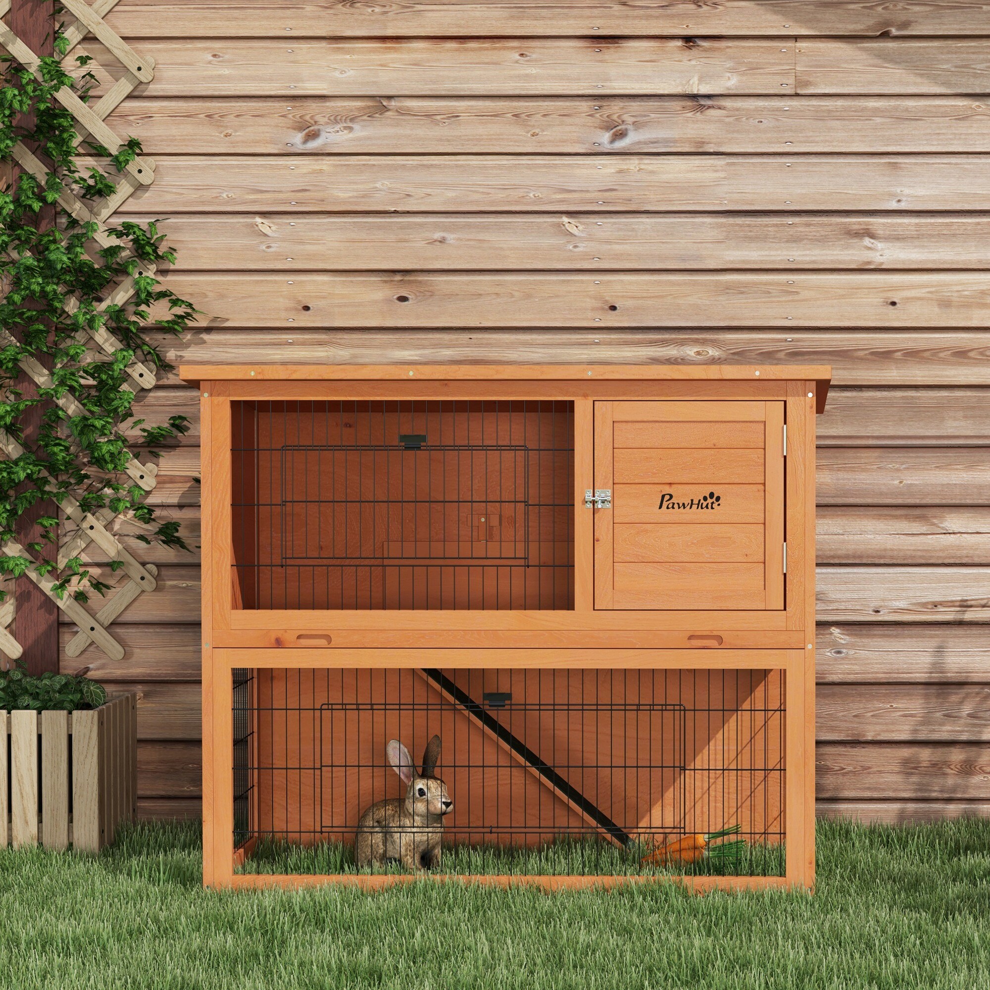 PawHut Kaninchenstall mit Rampe orange 123L x 62B x 102H cm