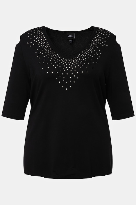 T-Shirt, Ziersteine, A-Linie, V-Ausschnitt, Halbarm