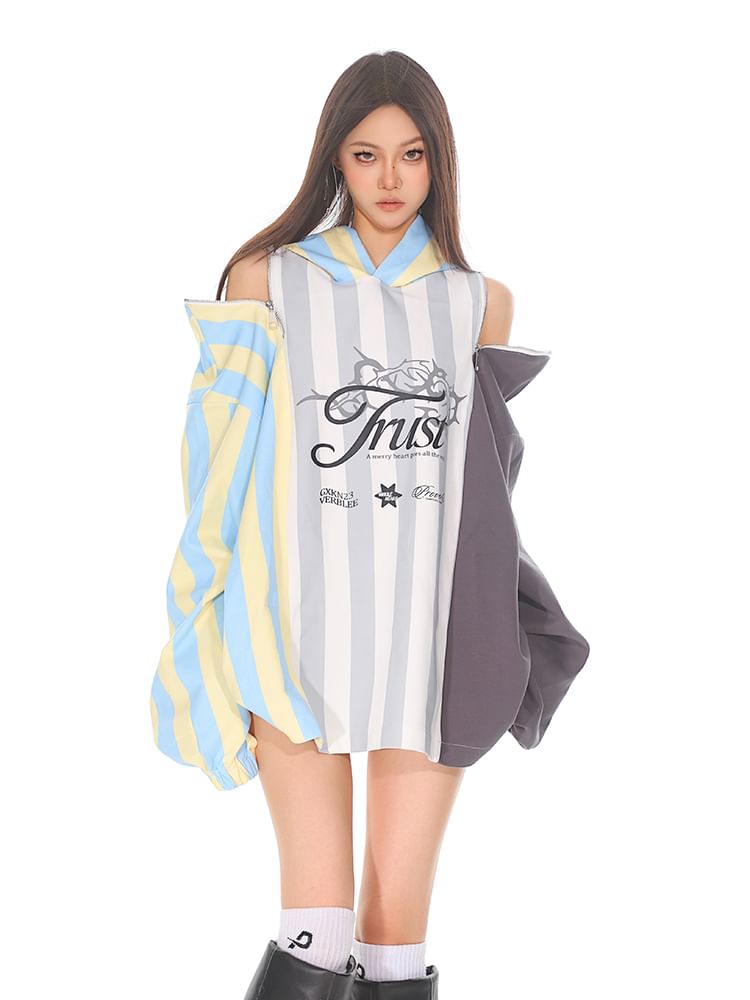 SPUCIKLEI - Cold Shoulder Lettering Print Gestreepte Hoodie met Rits