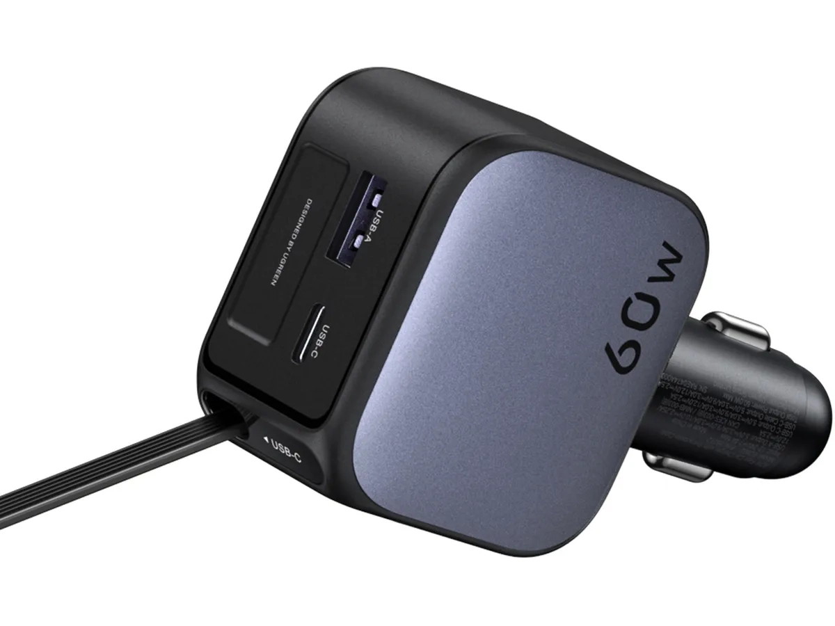 (60W) USB C / USB A Auto Ladegerät Fast Car Charger mit ausziehbarem USB C Ladekabel (55212B) - Silber / Schwarz