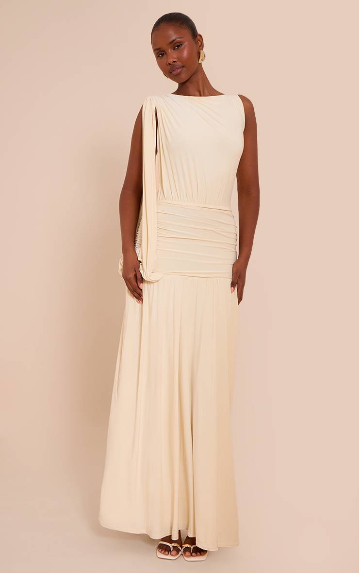 Pale Yellow Robe Maxi Froncée À Une Épaule En Tissu Slinky Double Couche