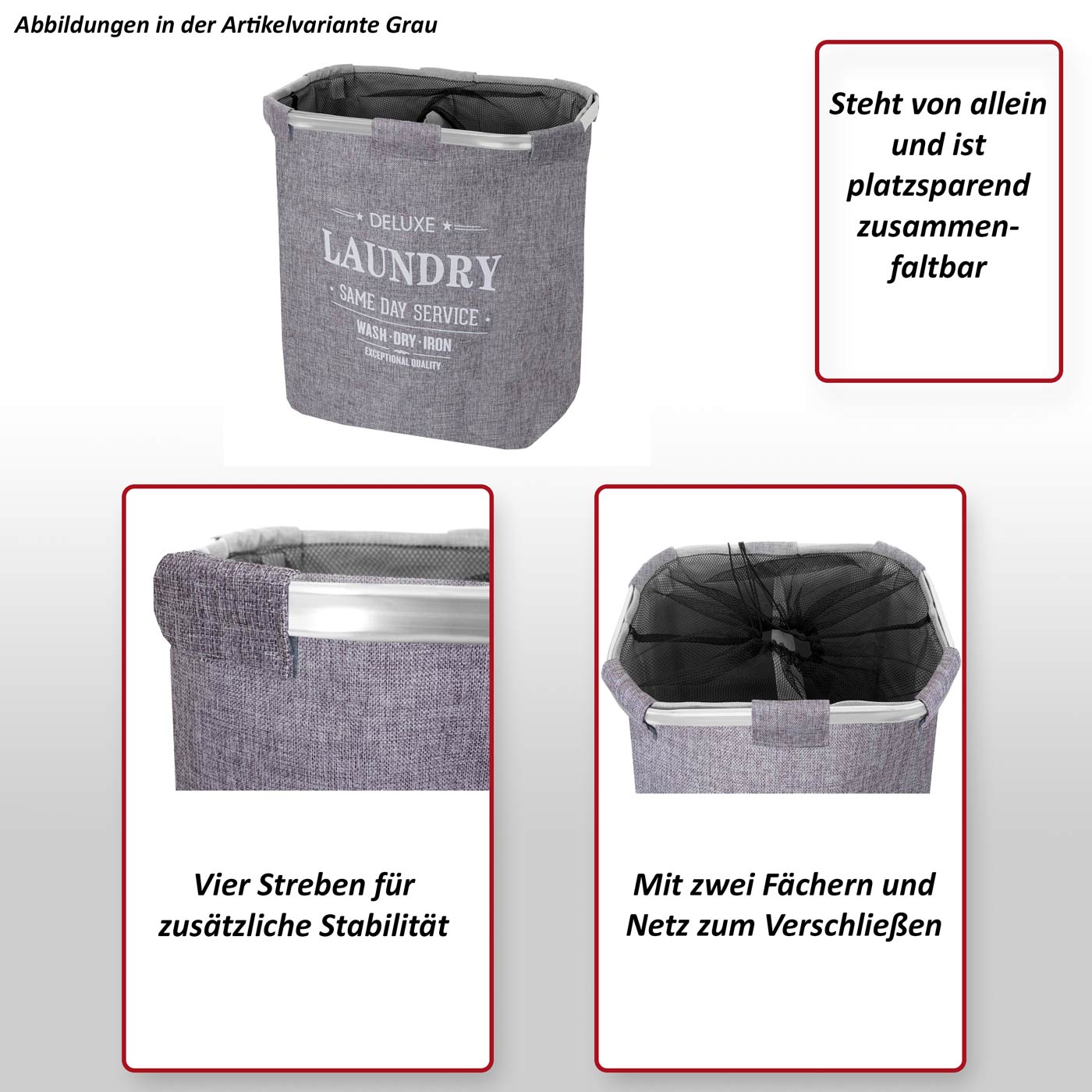 Wäschesammler MCW-C34, Laundry Wäschebox Wäschekorb Wäschebehälter mit Netz, 2 Fächer 56x49x30cm 82l ~ cord grau