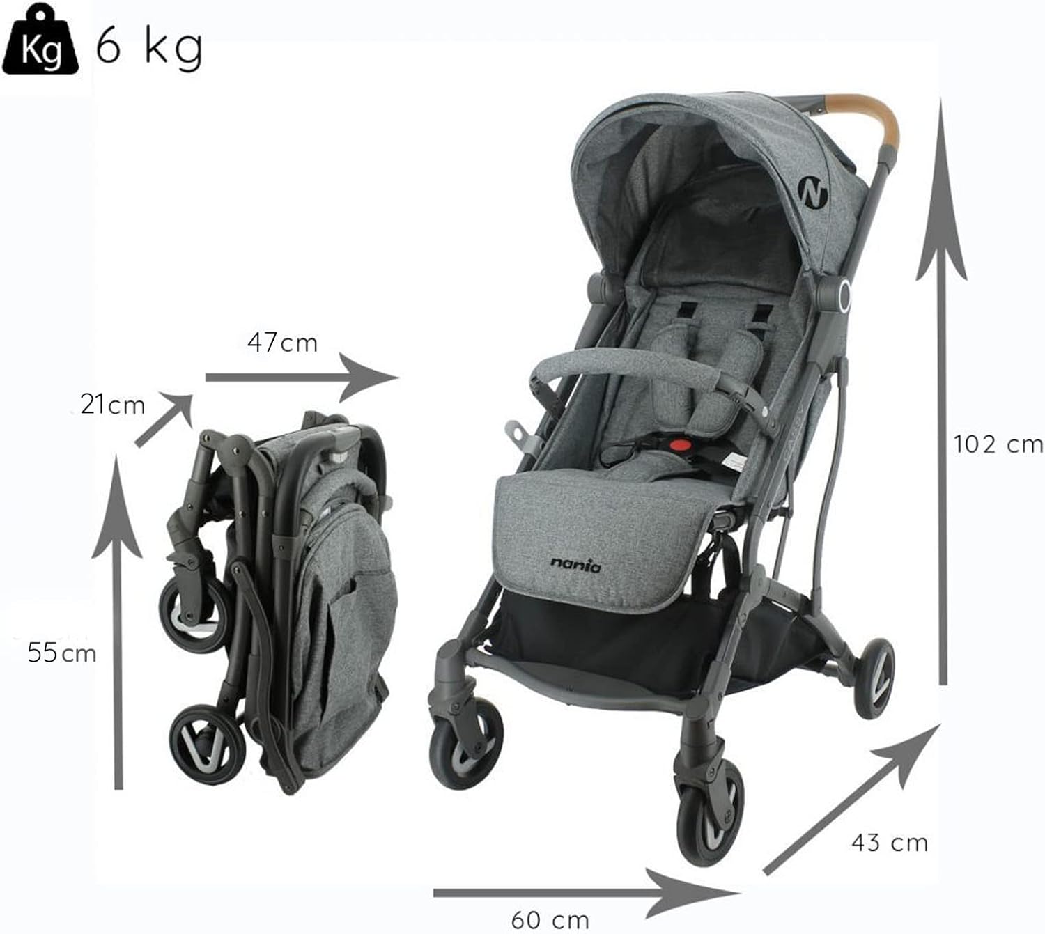 Poussette compacte CASSY 6-48 mois, légère et maniable - pliable à une main - Sac de transport et porte gobelet inclus - Nania (gris)