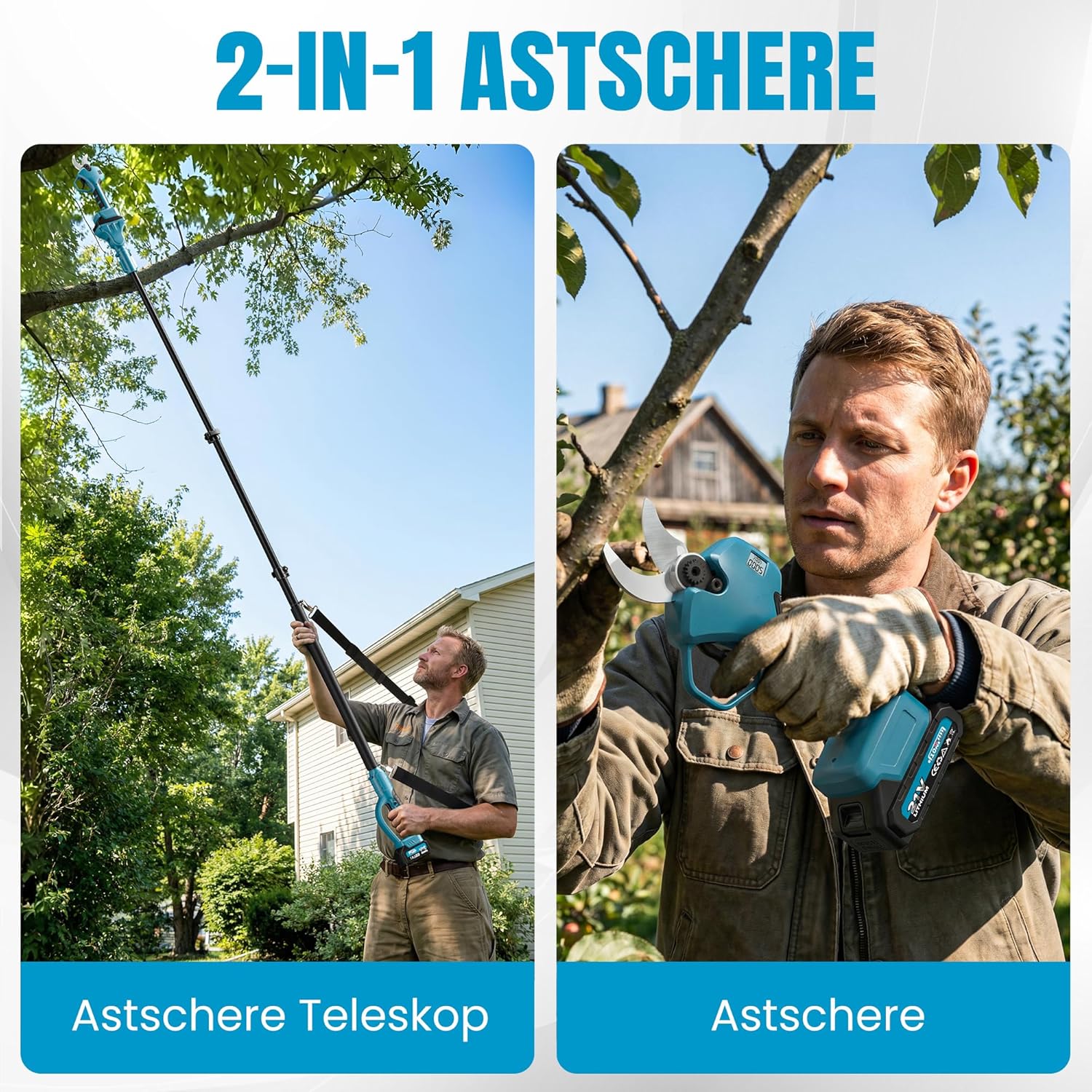 2 in 1 Akku Astschere Teleskop, 40mm Elektrische Gartenschere Professionelle mit 2M Teleskopstange, 2x2000mAh Batterien, Arbeitsreichweite 4M, für Garten Äste Obstgärten