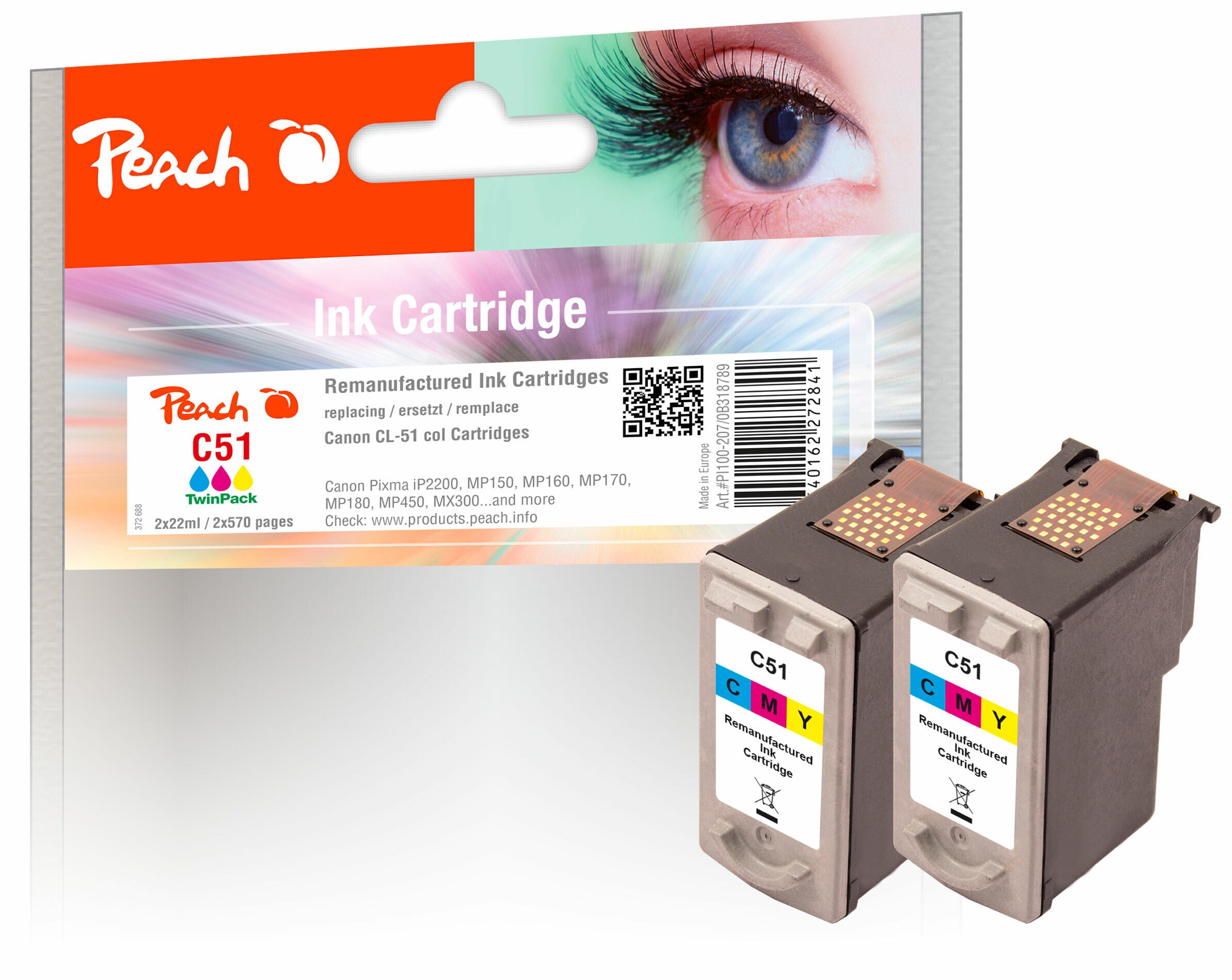 Peach C51 C 2 Druckköpfe XL 2*col ersetzt Canon CL-51C*2, 0618B001 für z.B. Canon Pixma IP 2200, Canon Pixma IP 6200, Canon Pixma IP 6210 D (wiederaufbereitet)
