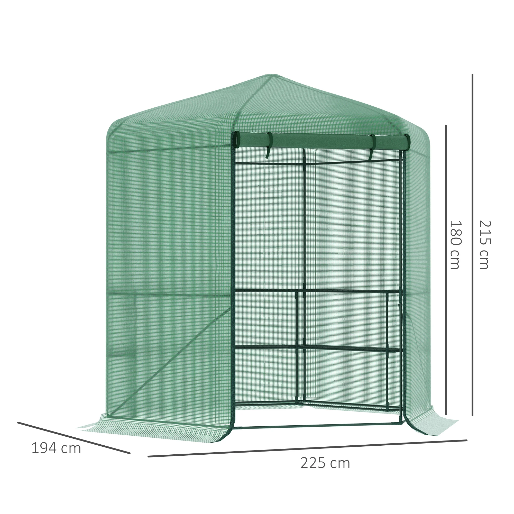 Estufa de jardim hexagonal Outsunny 194x194x215 cm com 6 prateleiras, porta de enrolar e estrutura de aço galvanizado para cultivo de plantas, vasos e flores (verde)