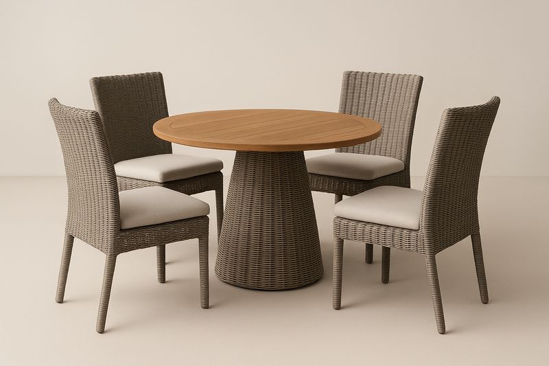 Rundes Garten-Esstisch-/Café-Set mit Geflechtstühlen und Massivholzplatte