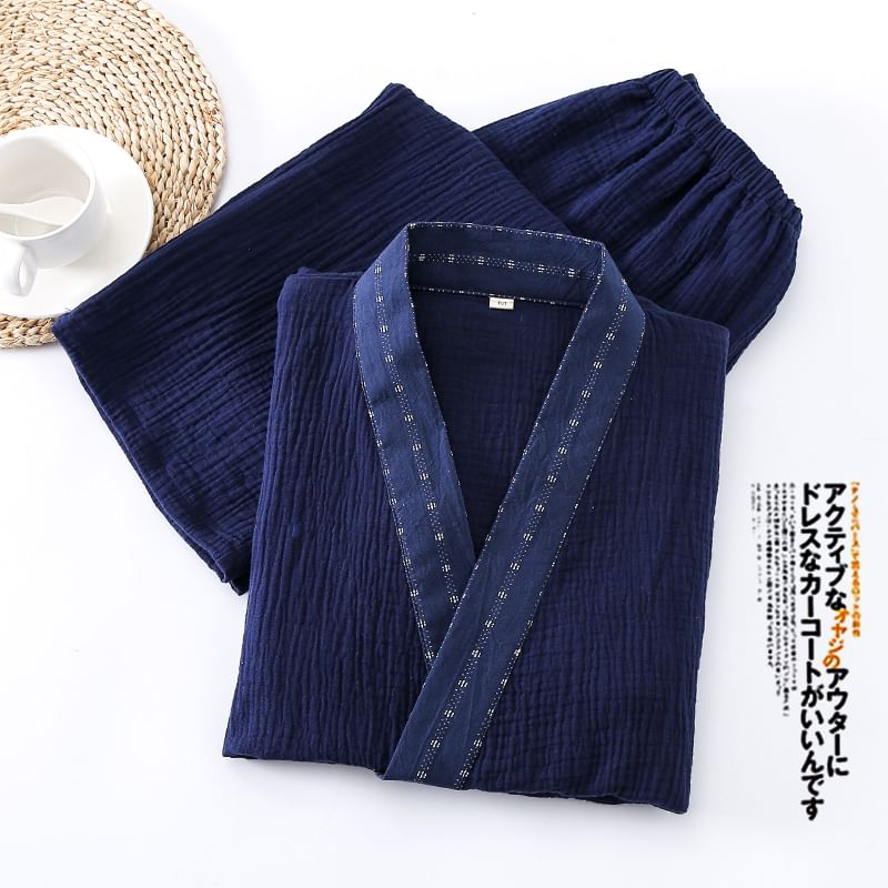 Finlies - Pyjamaset: effen kimonotop met lange mouwen en contrasterende bies + broek