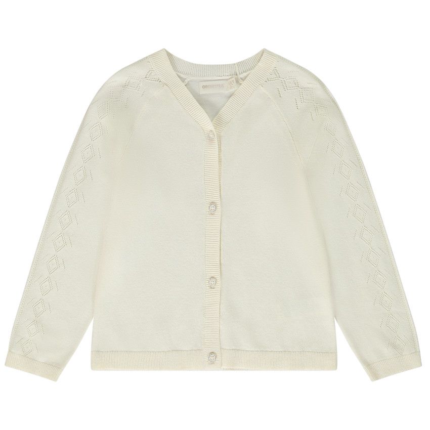 Gilet manches raglan en tricot pointelle pour fille - Ecru