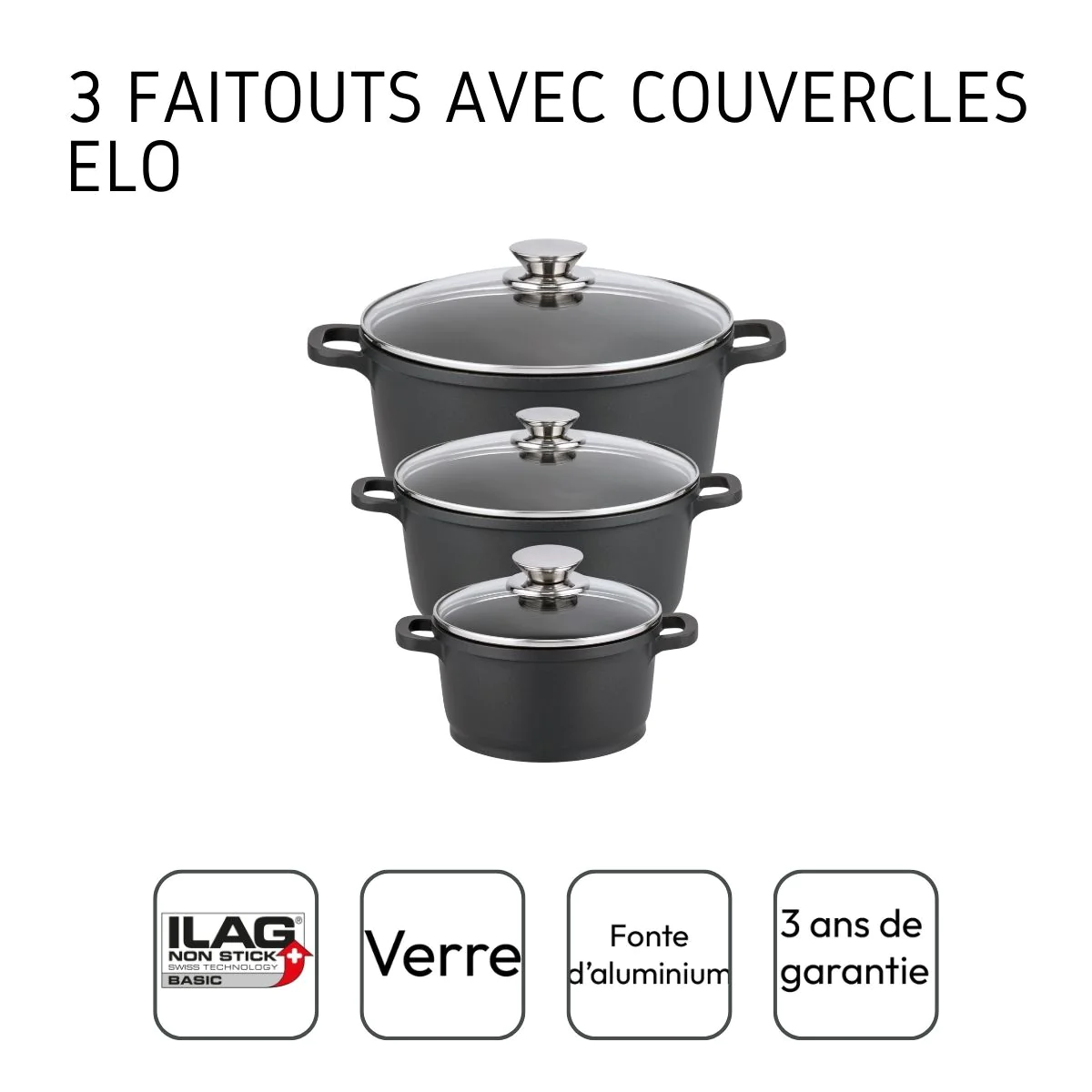 Set de 3 faitouts avec couvercles en verre 16 cm 20 cm et 24 cm Alucas