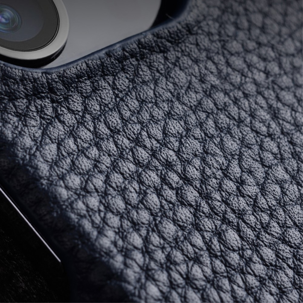 iPhone 14 Pro Max Echtleder Hardcase Hülle Litchi Look - Blaugrau