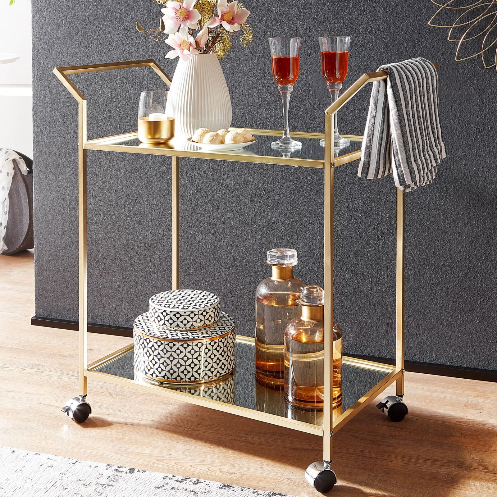 Servierwagen - gold - Glasablagen - 78 cm hoch