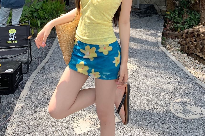 Closette - Halter Floral Jacquard Top / Hoge Taille Bloemenprint Mini Kokerrok