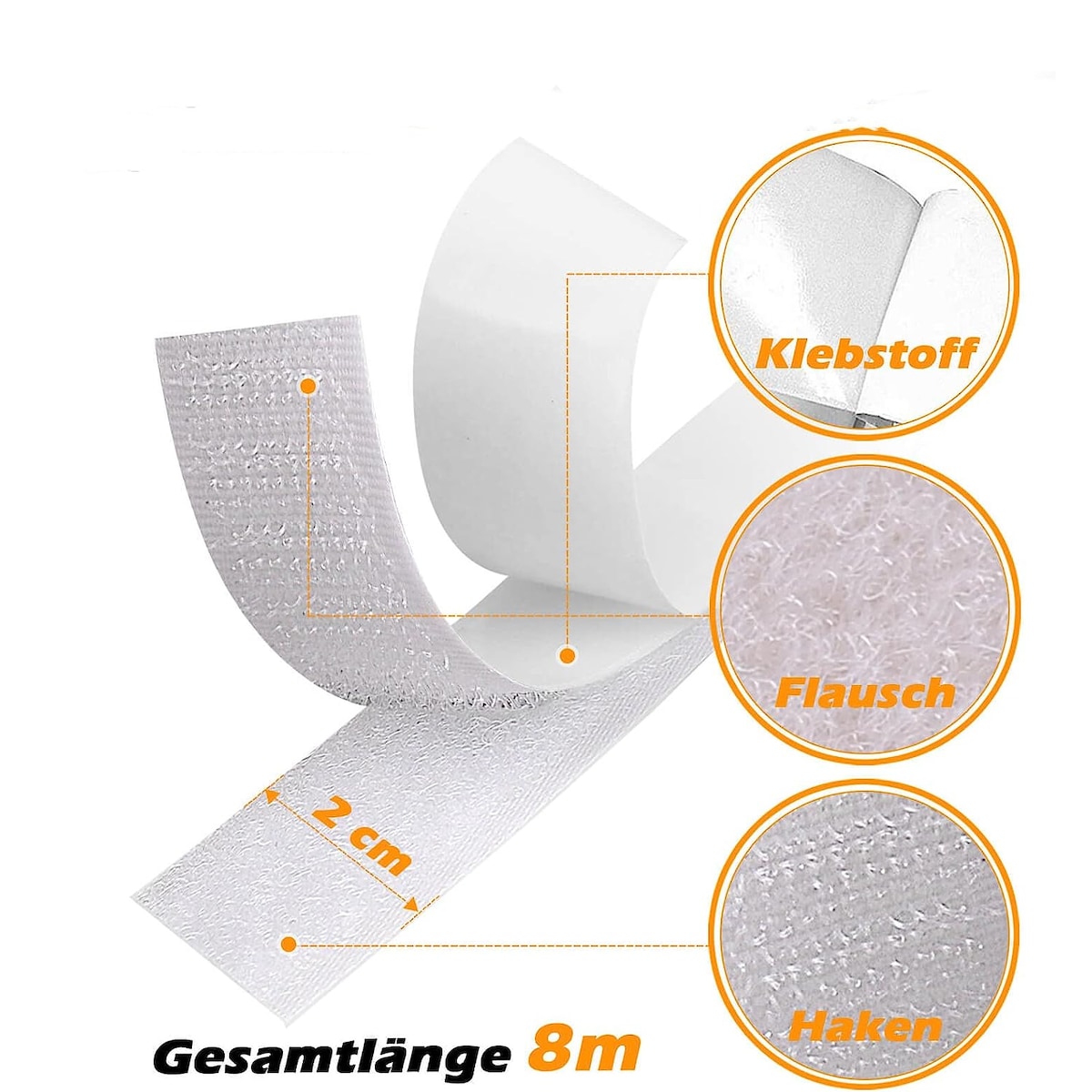 Borrelås med selvklebende tape Hvit 3 cm / 8 m
