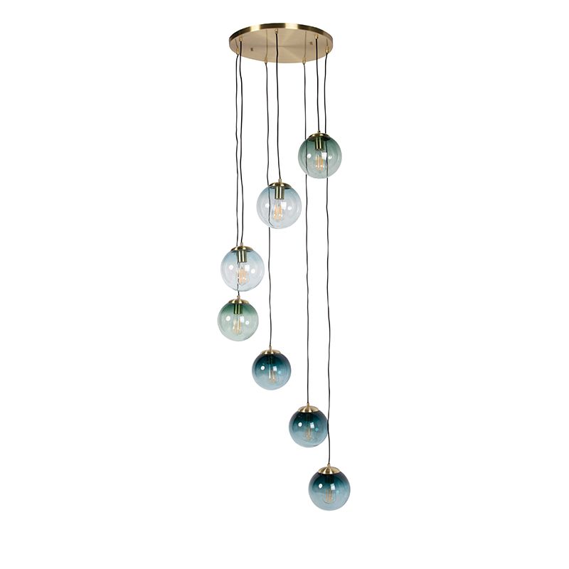 Art deco hanglamp messing met blauw glas 7-lichts - Pallon
