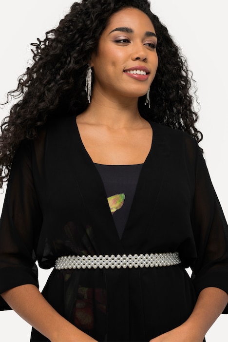 Chiffon-Longjacke, A-Linie, Schmuckgürtel, offene Form, 3/4-Arm