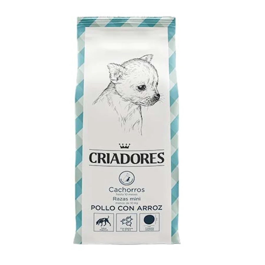 Ração para filhotes de raças miniaturas, sabor frango e arroz, da marca Breeders.