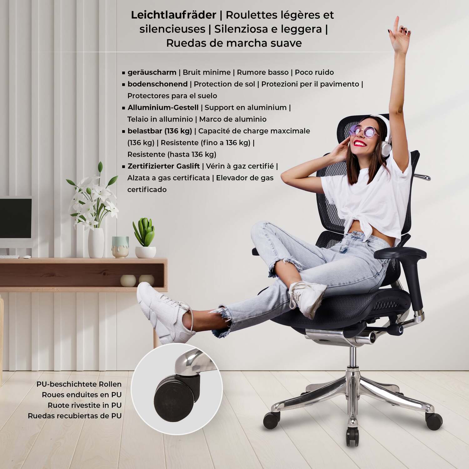 TPFLiving Bürostuhl Norman Ergonomic mit Netzbezug Grau