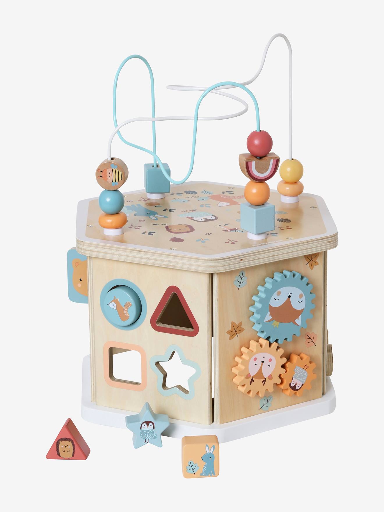 Cubo de atividades hexagonal grande, feito de madeira com certificação FSC®, bege claro, liso com motivos.