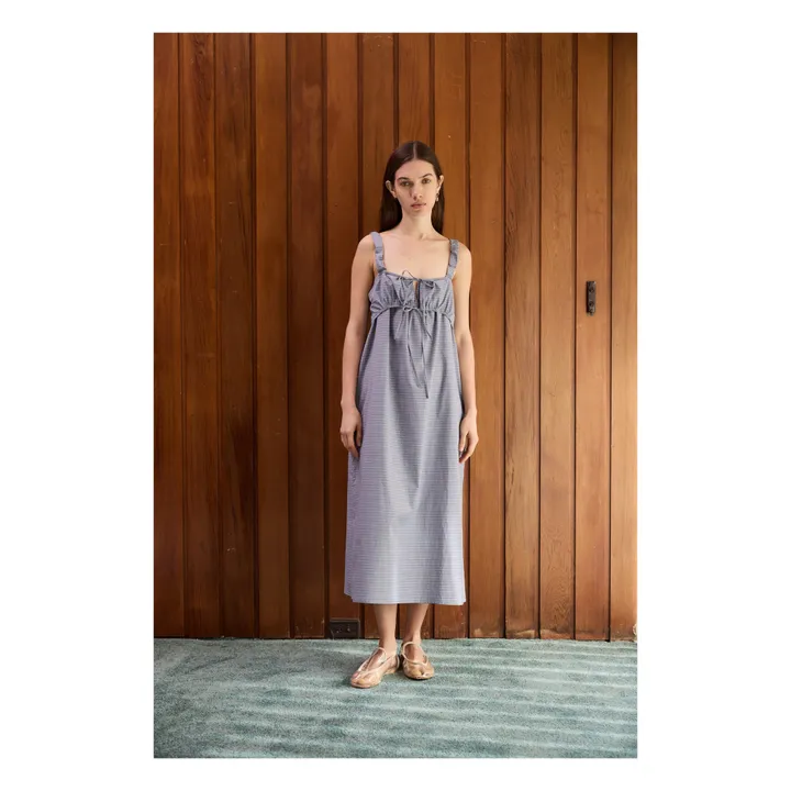 Deiji Studios Robe Ruched Tie Carreaux Popeline de Coton Bio | Bleu
