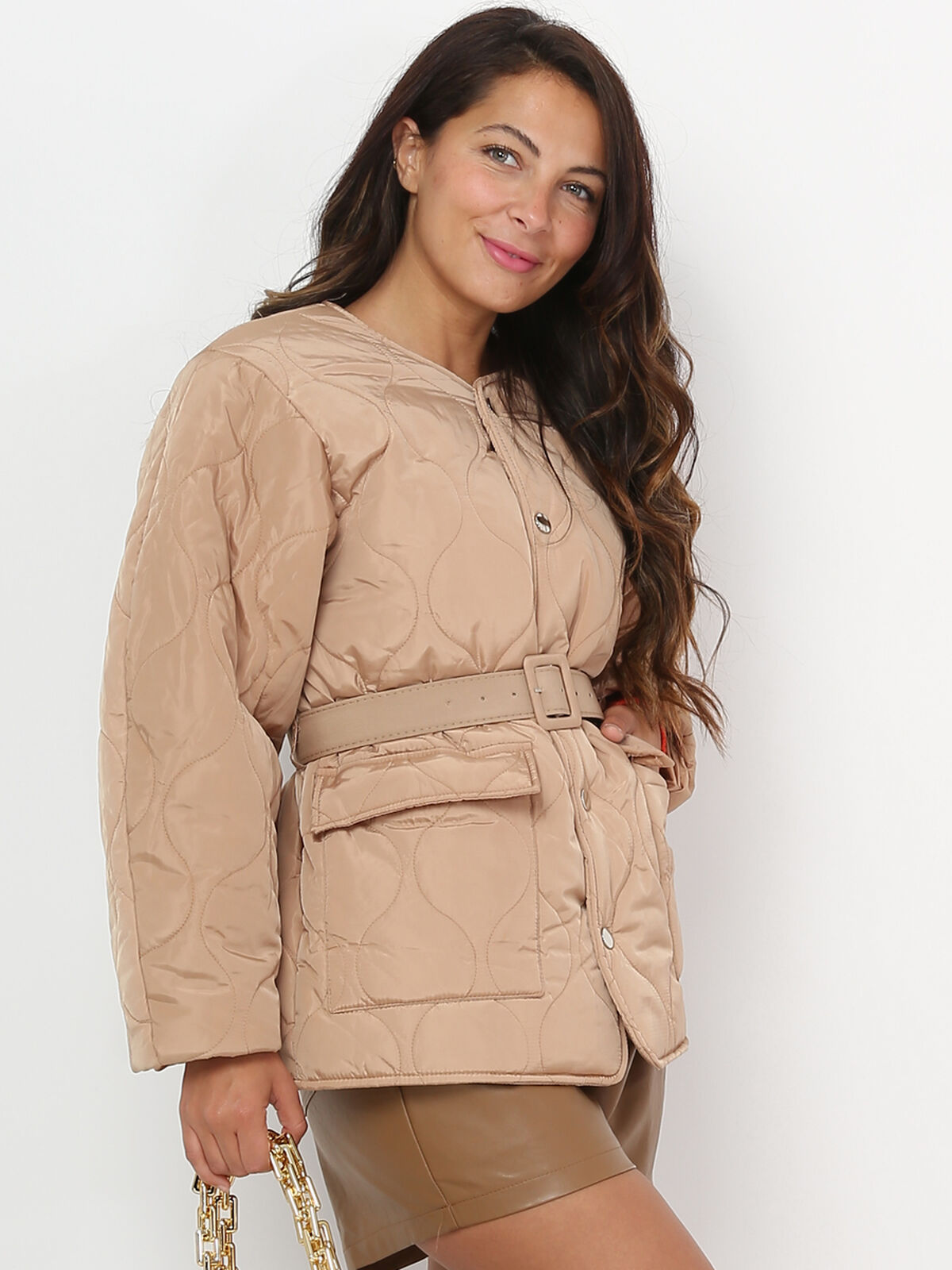 Veste matelassée ceinturée- Camel