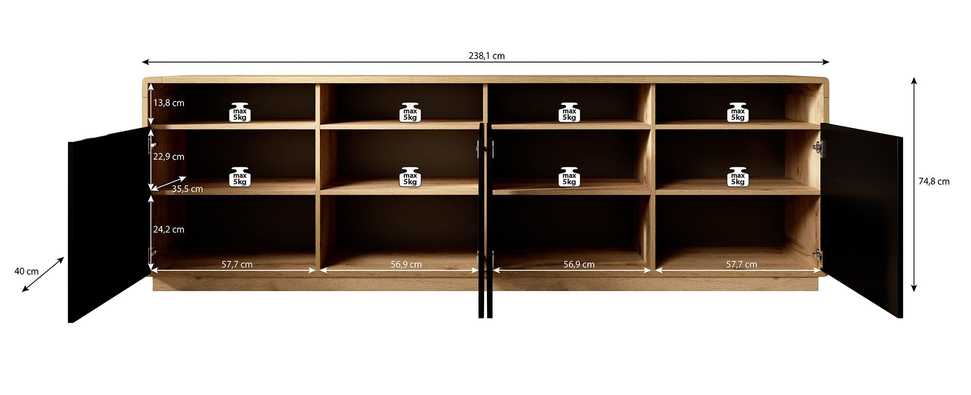 Acuna - Dressoir - Zwart/eiken - 238x40x75 cm