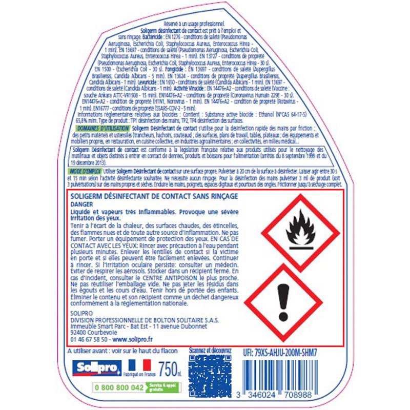 Désinfectant de contact cuisine Solipro Soligerm - Spray 750 ml
