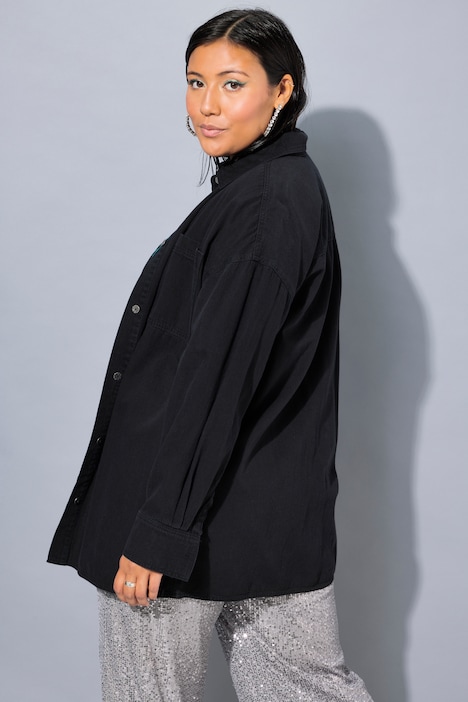 Jeanshemd, oversized, Knopfleisten-Stickerei
