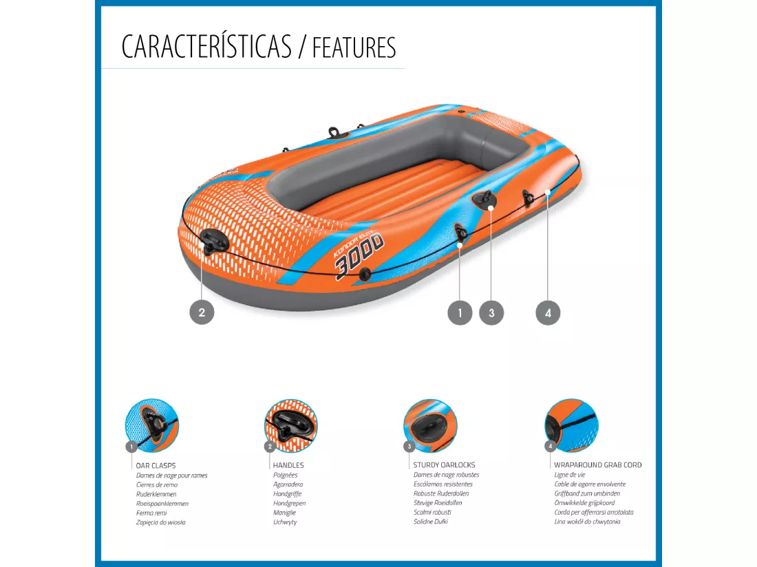 Bateau Gonflable pour 2 Adultes et 1 Enfant Bestway Kondor Elite 3000 Raft 246x122x45 cm avec Poignées et Sol Gonflable