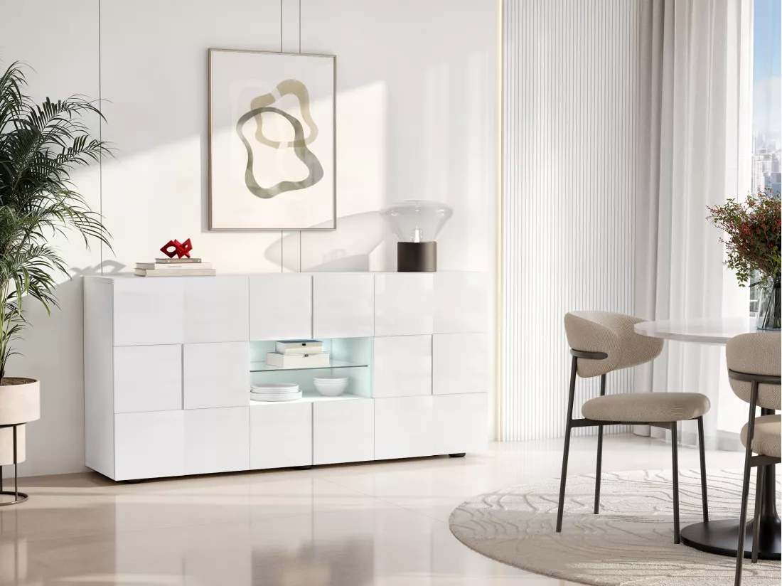 Buffet CALISTO - LEDs - 2 portes & 2 tiroirs - Blanc laqué