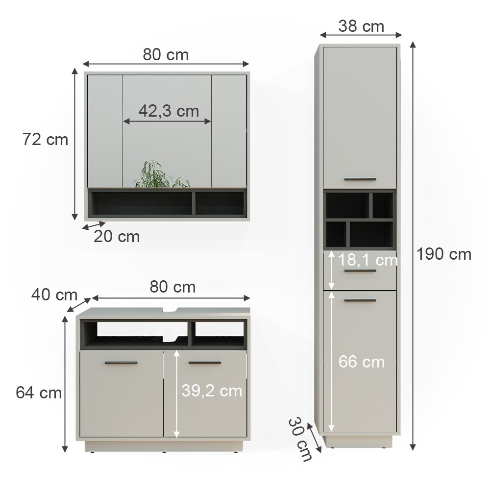 Vicco Badmöbel-Set Badezimmer-Möbel Bad-Schrank Beatrice Grau Anthrazit modern Badezimmerschrank Waschtischunterschrank Spiegelschrank Hochschrank Schranktür Schrankfach