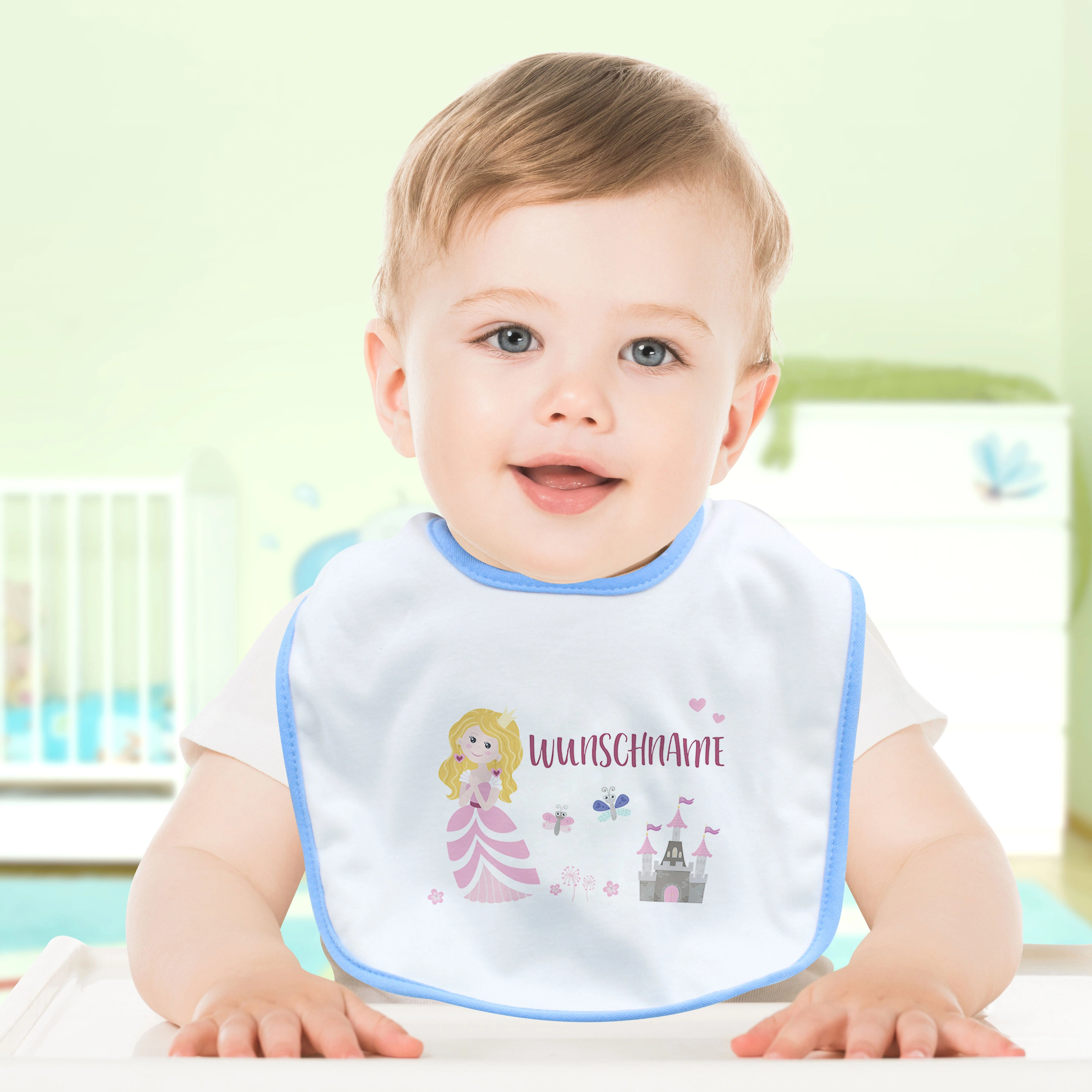 Baby-Lätzchen mit Namen, blau (Motiv: Prinzessin)