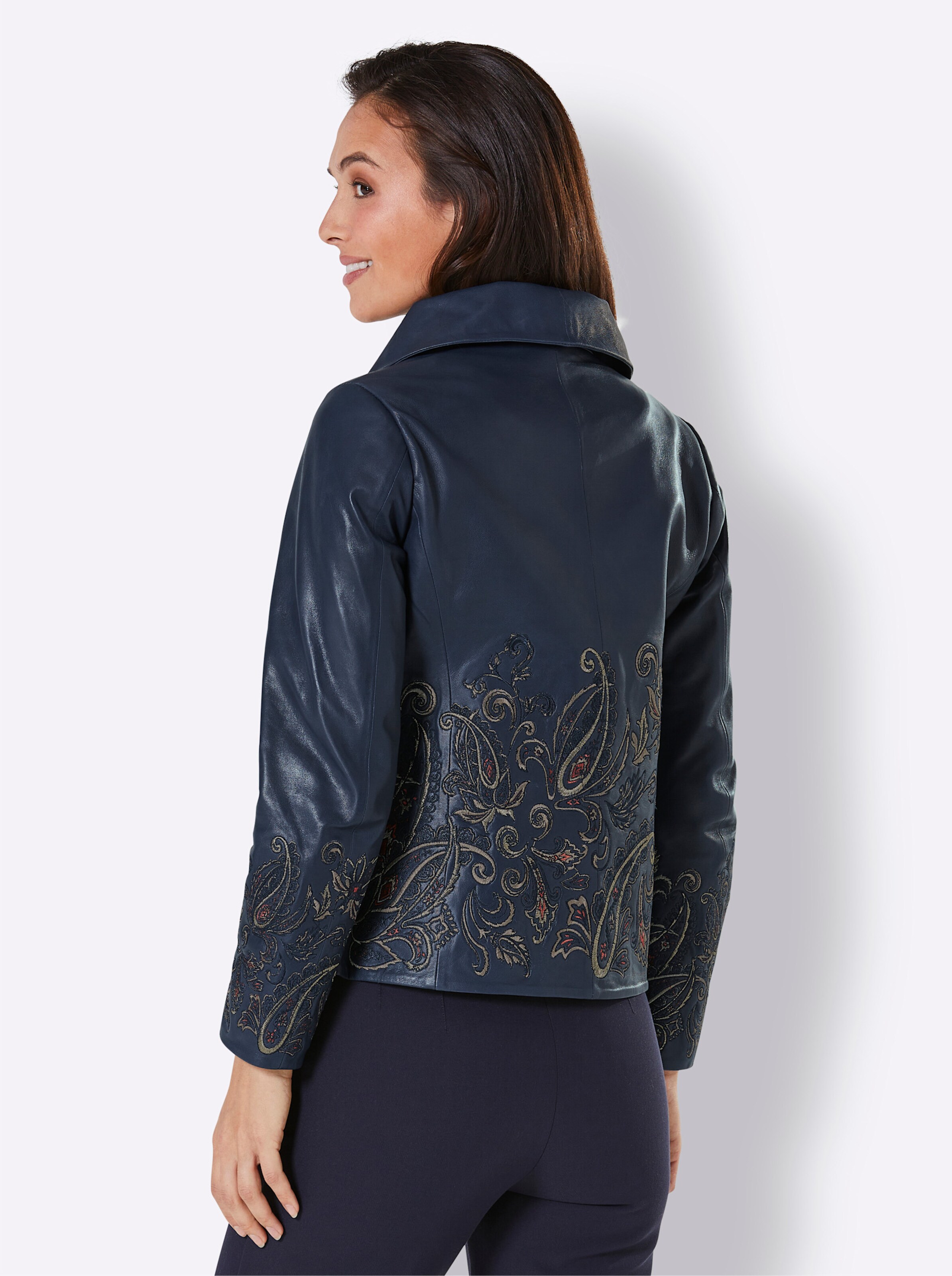 CREATION L PREMIUM Lammnappa-Lederblazer in dunkelblau-beige-gemustert