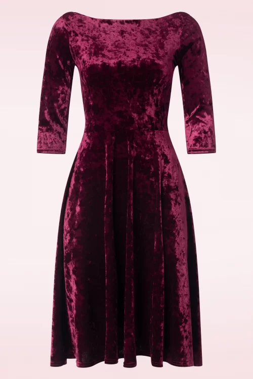 Vintage Chic for Topvintage Evelyn geplet fluwelen swing jurk in bordeauxrood
