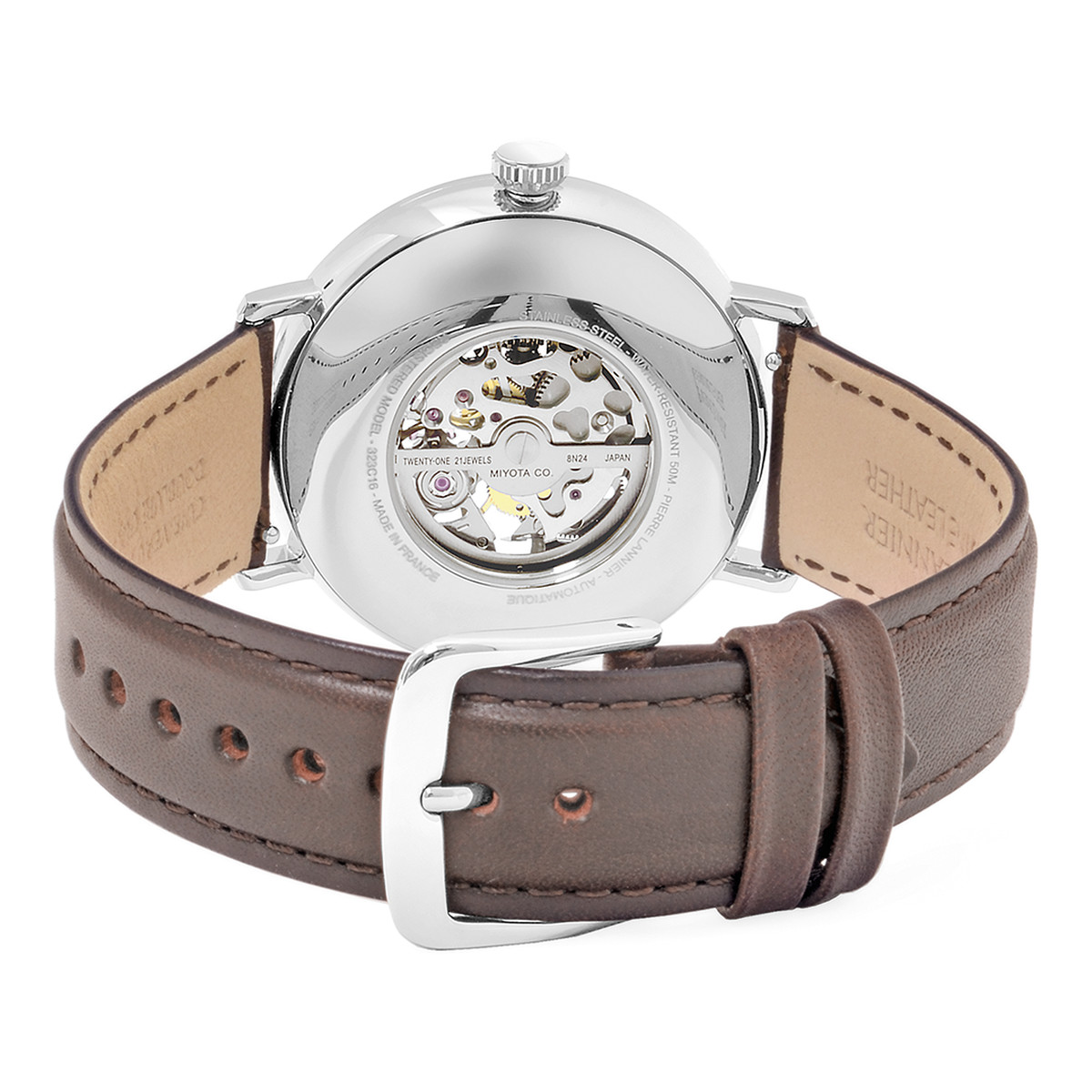 Montre Pierre Lannier homme automatique acier bracelet cuir brun