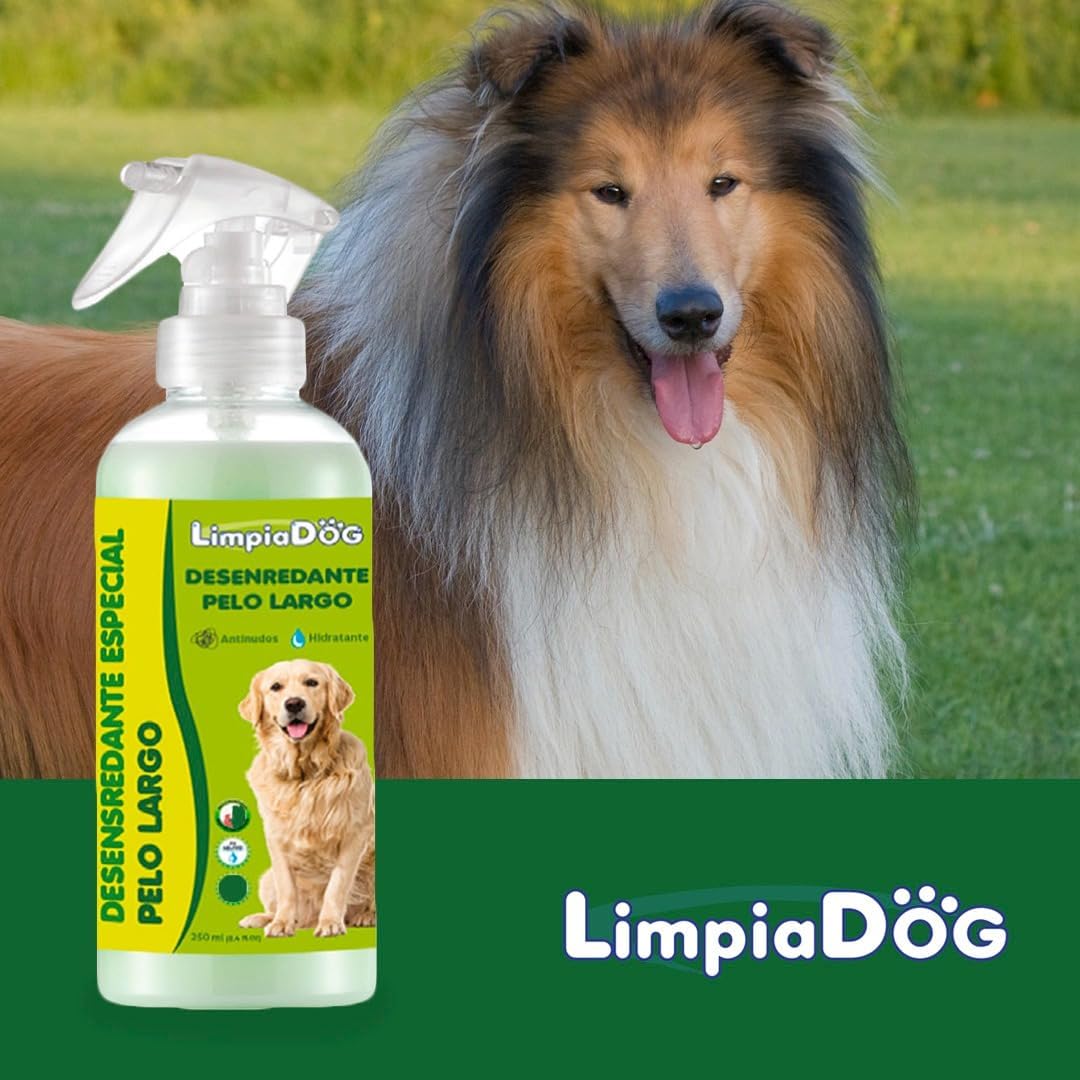 Spray desembaraçante natural Limpiadog 500ml, amaciante e condicionador para cães e gatos - Ajuda a eliminar nós - Adequado para todos os tipos de pelagem e todas as raças.